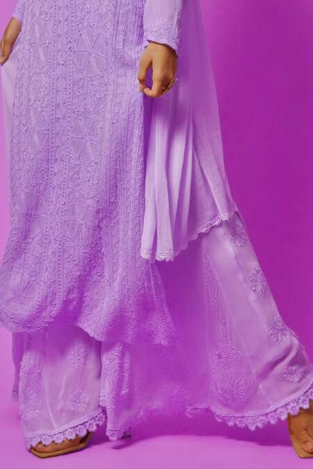 LABEL AISHWARYRIKA_Purple Georgette Chikankari, Mukaish Notched Kurta Sharara Set _Online_at_Aza_Fashions