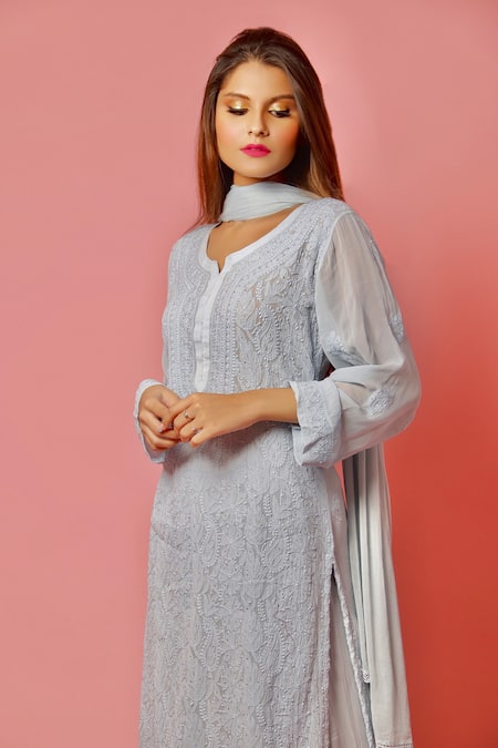 Shop_LABEL AISHWARYRIKA_Blue Chiffon, Georgette Chikankari Notched Kurta Palazzo Set _at_Aza_Fashions