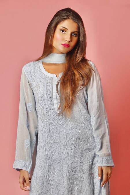 LABEL AISHWARYRIKA_Blue Chiffon, Georgette Chikankari Notched Kurta Palazzo Set _Online_at_Aza_Fashions