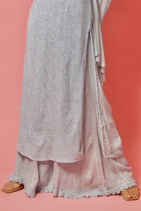 Buy_LABEL AISHWARYRIKA_Blue Chiffon, Georgette Chikankari Notched Kurta Palazzo Set _Online_at_Aza_Fashions
