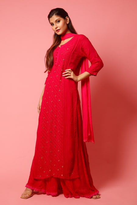 LABEL AISHWARYRIKA_Pink Georgette Chikankari Kurta Palazzo Set _Online_at_Aza_Fashions