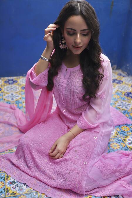 Buy LABEL AISHWARYRIKA Pink Georgette Chikankari, Mukaish Notched Kurta Online at Aza Fashions Buy_LABEL AISHWARYRIKA_Pink Georgette Chikankari, Mukaish Notched Kurta _Online_at_Aza_Fashions