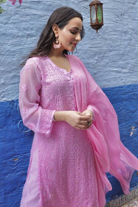 LABEL AISHWARYRIKA_Pink Chiffon, Georgette Chikankari, Mukaish, Ring Leaf Neck Kurta Palazzo Set _Online_at_Aza_Fashions
