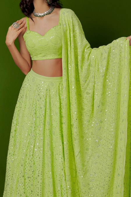 Buy LABEL AISHWARYRIKA Green Georgette Chikankari, Mukaish Sweetheart Neck Bridal Lehenga Set Online at Aza Fashions Buy_LABEL AISHWARYRIKA_Green Georgette Chikankari, Mukaish Sweetheart Neck Bridal Lehenga Set _Online_at_Aza_Fashions