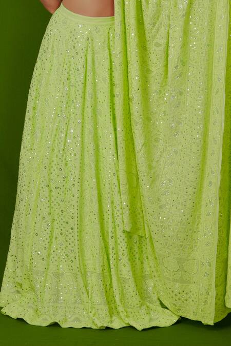 Shop LABEL AISHWARYRIKA Green Georgette Chikankari, Mukaish Sweetheart Neck Bridal Lehenga Set Online at Aza Fashions Shop_LABEL AISHWARYRIKA_Green Georgette Chikankari, Mukaish Sweetheart Neck Bridal Lehenga Set _Online_at_Aza_Fashions