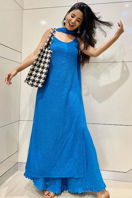 Buy LABEL AISHWARYRIKA Blue Georgette Chikankari Scoop Neck Kurta Online at Aza Fashions Buy_LABEL AISHWARYRIKA_Blue Georgette Chikankari Scoop Neck Kurta _Online_at_Aza_Fashions