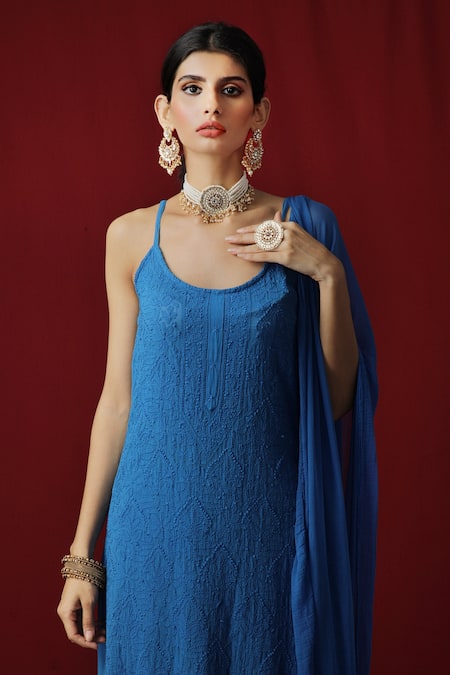 Shop LABEL AISHWARYRIKA Blue Georgette Chikankari Scoop Neck Kurta Online at Aza Fashions Shop_LABEL AISHWARYRIKA_Blue Georgette Chikankari Scoop Neck Kurta _Online_at_Aza_Fashions