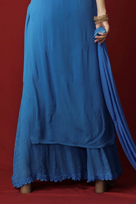 LABEL AISHWARYRIKA_Blue Georgette Chikankari Scoop Neck Kurta Palazzo Set _Online_at_Aza_Fashions