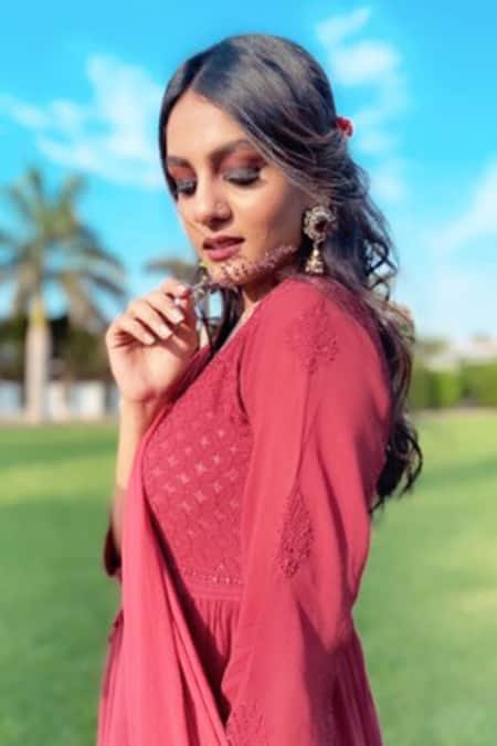 LABEL AISHWARYRIKA_Red Georgette Chikankari Anarkali  _Online_at_Aza_Fashions