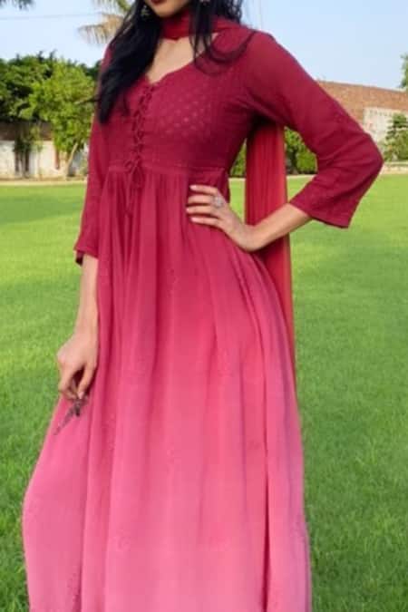 Buy_LABEL AISHWARYRIKA_Red Georgette Chikankari Anarkali  _Online_at_Aza_Fashions