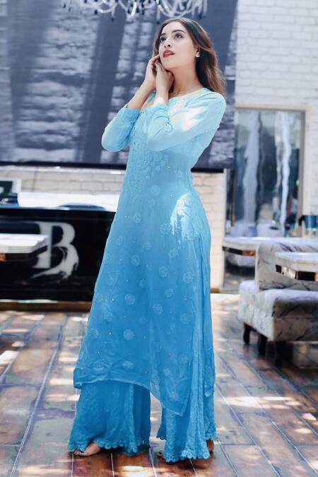 Shop LABEL AISHWARYRIKA Blue Georgette Chikankari, Mukaish Notched Kurta at Aza Fashions Shop_LABEL AISHWARYRIKA_Blue Georgette Chikankari, Mukaish Notched Kurta_at_Aza_Fashions