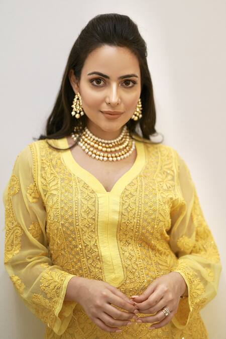 LABEL AISHWARYRIKA_Yellow Georgette Chikankari, Mukaish Leaf Neck Kurta _Online_at_Aza_Fashions