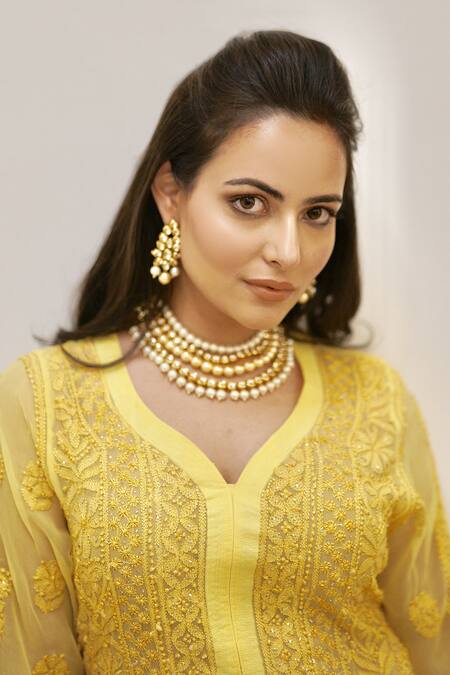 Buy_LABEL AISHWARYRIKA_Yellow Georgette Chikankari, Mukaish Leaf Neck Kurta _Online_at_Aza_Fashions