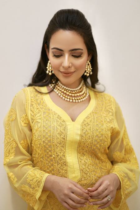 Shop_LABEL AISHWARYRIKA_Yellow Georgette Chikankari, Mukaish Leaf Neck Kurta _Online_at_Aza_Fashions