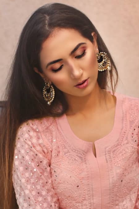 Buy_LABEL AISHWARYRIKA_Pink Georgette Chikankari, Mukaish Notched Kurta _Online_at_Aza_Fashions