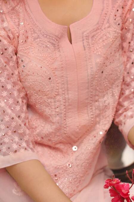 Shop_LABEL AISHWARYRIKA_Pink Georgette Chikankari, Mukaish Notched Kurta _Online_at_Aza_Fashions