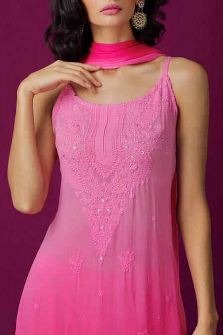 Shop_LABEL AISHWARYRIKA_Pink Georgette Chikankari, Mukaish Scoop Neck Kurta _Online_at_Aza_Fashions