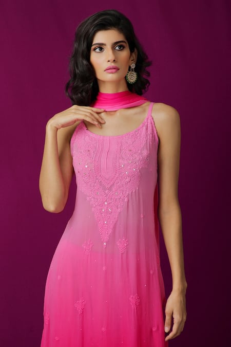 LABEL AISHWARYRIKA Pink Chiffon, Georgette Chikankari, Mukaish Scoop Neck Kurta Sharara Set Online at Aza Fashions LABEL AISHWARYRIKA_Pink Chiffon, Georgette Chikankari, Mukaish Scoop Neck Kurta Sharara Set _Online_at_Aza_Fashions