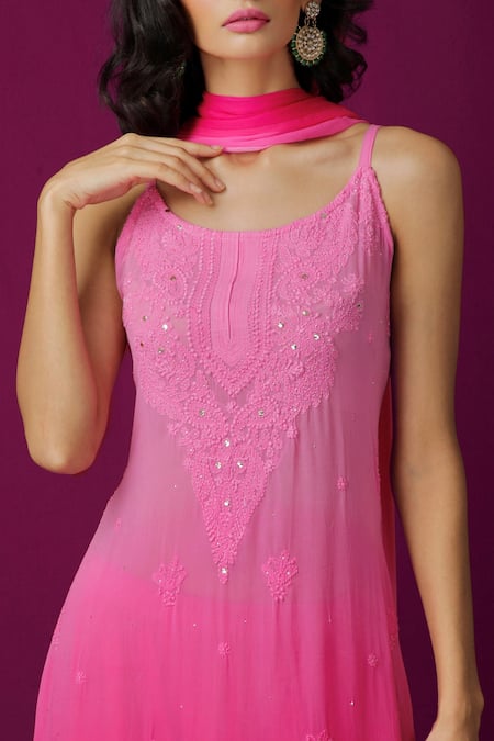 Buy LABEL AISHWARYRIKA Pink Chiffon, Georgette Chikankari, Mukaish Scoop Neck Kurta Sharara Set Online at Aza Fashions Buy_LABEL AISHWARYRIKA_Pink Chiffon, Georgette Chikankari, Mukaish Scoop Neck Kurta Sharara Set _Online_at_Aza_Fashions