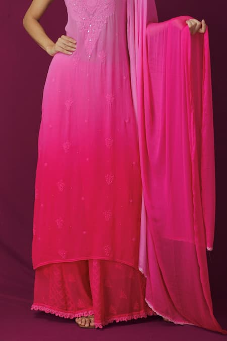 Shop LABEL AISHWARYRIKA Pink Chiffon, Georgette Chikankari, Mukaish Scoop Neck Kurta Sharara Set Online at Aza Fashions Shop_LABEL AISHWARYRIKA_Pink Chiffon, Georgette Chikankari, Mukaish Scoop Neck Kurta Sharara Set _Online_at_Aza_Fashions