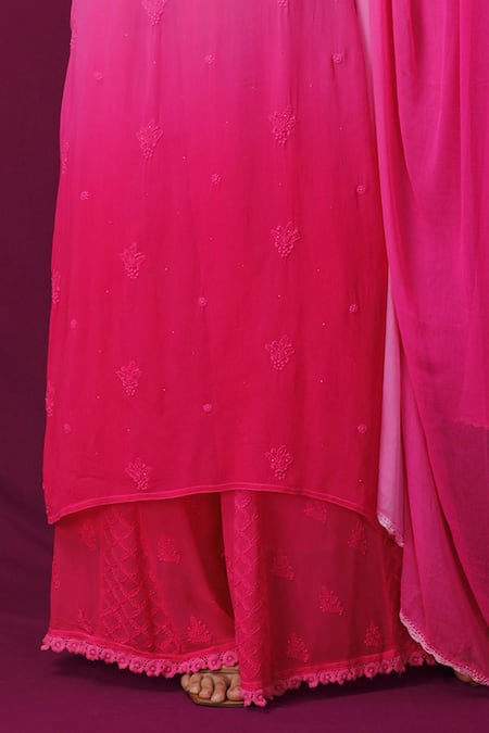 LABEL AISHWARYRIKA Pink Chiffon, Georgette Chikankari, Mukaish Scoop Neck Kurta Sharara Set at Aza Fashions LABEL AISHWARYRIKA_Pink Chiffon, Georgette Chikankari, Mukaish Scoop Neck Kurta Sharara Set _at_Aza_Fashions