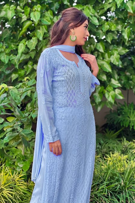 LABEL AISHWARYRIKA_Blue Georgette Chikankari, Mukaish Notched Kurta _Online_at_Aza_Fashions