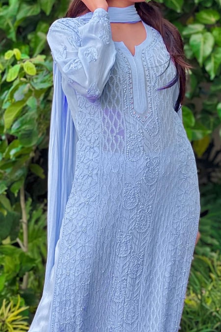 Buy_LABEL AISHWARYRIKA_Blue Georgette Chikankari, Mukaish Notched Kurta Sharara Set _Online_at_Aza_Fashions