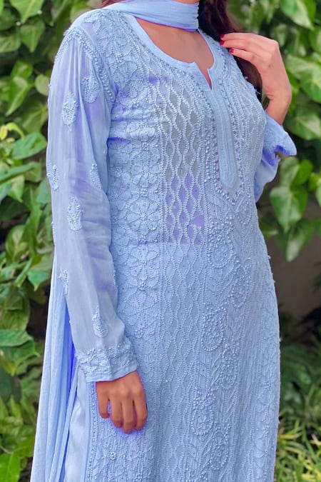 Shop_LABEL AISHWARYRIKA_Blue Georgette Chikankari, Mukaish Notched Kurta Sharara Set _Online_at_Aza_Fashions