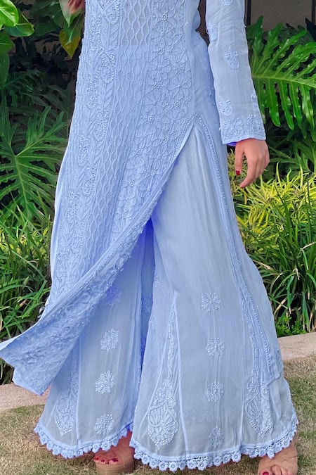 LABEL AISHWARYRIKA_Blue Georgette Chikankari, Mukaish Notched Kurta Sharara Set _at_Aza_Fashions