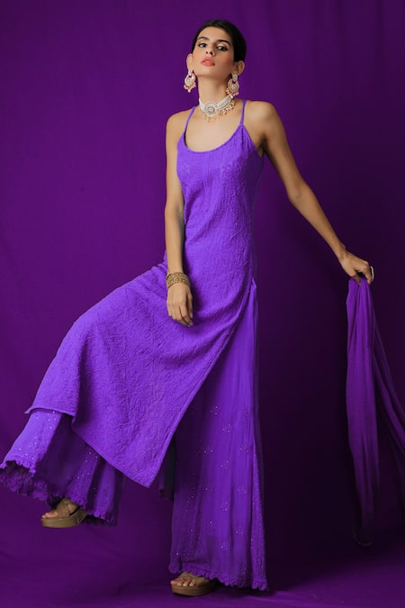 LABEL AISHWARYRIKA_Purple Georgette Chikankari Scoop Neck Kurta _Online_at_Aza_Fashions