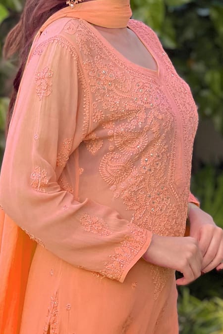 Buy_LABEL AISHWARYRIKA_Peach Georgette Chikankari, Mukaish Notched Kurta Sharara Set _Online_at_Aza_Fashions