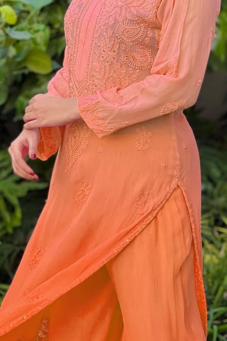 Shop_LABEL AISHWARYRIKA_Peach Georgette Chikankari, Mukaish Notched Kurta Sharara Set _Online_at_Aza_Fashions