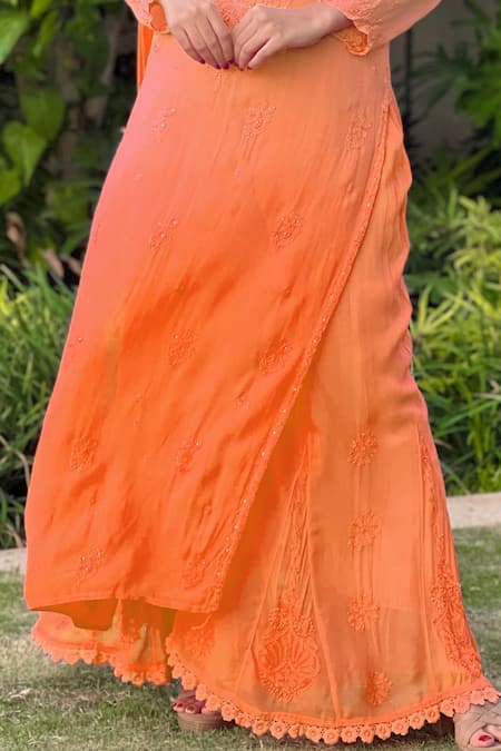 LABEL AISHWARYRIKA_Peach Georgette Chikankari, Mukaish Notched Kurta Sharara Set _at_Aza_Fashions