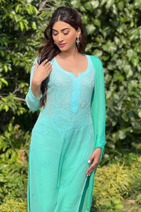 Shop_LABEL AISHWARYRIKA_Blue Georgette Chikankari, Mukaish Notched Kurta _Online_at_Aza_Fashions