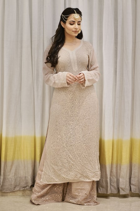 LABEL AISHWARYRIKA_Beige Georgette Chikankari, Mukaish Leaf Neck Kurta _Online_at_Aza_Fashions