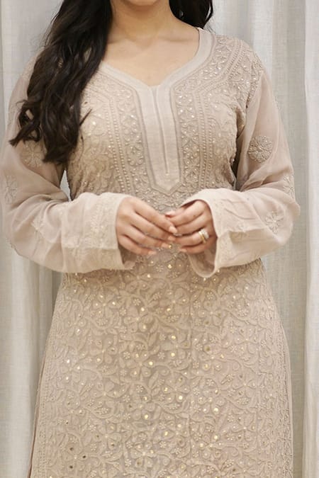Shop_LABEL AISHWARYRIKA_Beige Georgette Chikankari, Mukaish Leaf Neck Kurta _Online_at_Aza_Fashions