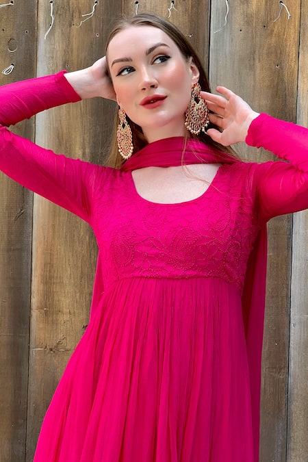 LABEL AISHWARYRIKA_Pink Chiffon, Georgette Chikankari U Neck Anarkali _Online_at_Aza_Fashions