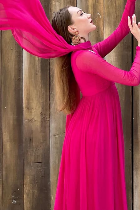 Buy_LABEL AISHWARYRIKA_Pink Chiffon, Georgette Chikankari U Neck Anarkali _Online_at_Aza_Fashions