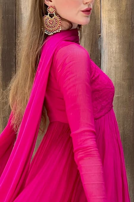 LABEL AISHWARYRIKA_Pink Chiffon, Georgette Chikankari U Neck Anarkali _at_Aza_Fashions