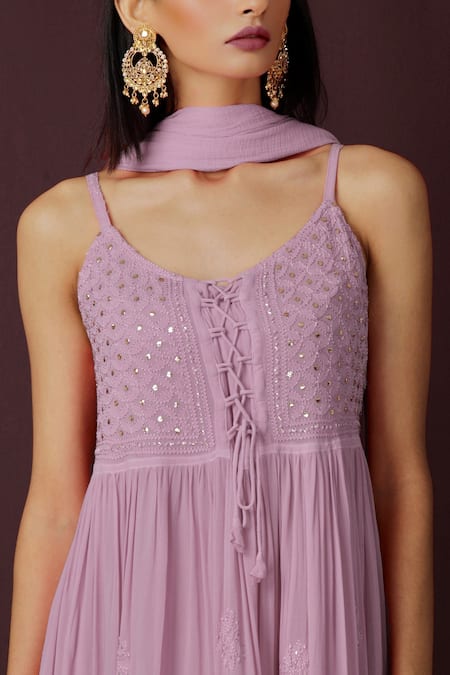 Buy_LABEL AISHWARYRIKA_Purple Chiffon, Georgette Chikankari, Mukaish Scoop Neck Anarkali Set _Online_at_Aza_Fashions