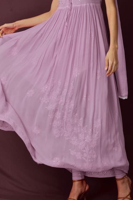 Shop_LABEL AISHWARYRIKA_Purple Chiffon, Georgette Chikankari, Mukaish Scoop Neck Anarkali Set _Online_at_Aza_Fashions