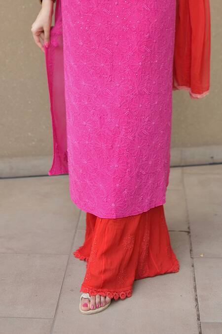 LABEL AISHWARYRIKA Pink Chiffon, Georgette Chikankari, Mukaish Scoop Neck Kurta Palazzo Set at Aza Fashions LABEL AISHWARYRIKA_Pink Chiffon, Georgette Chikankari, Mukaish Scoop Neck Kurta Palazzo Set _at_Aza_Fashions