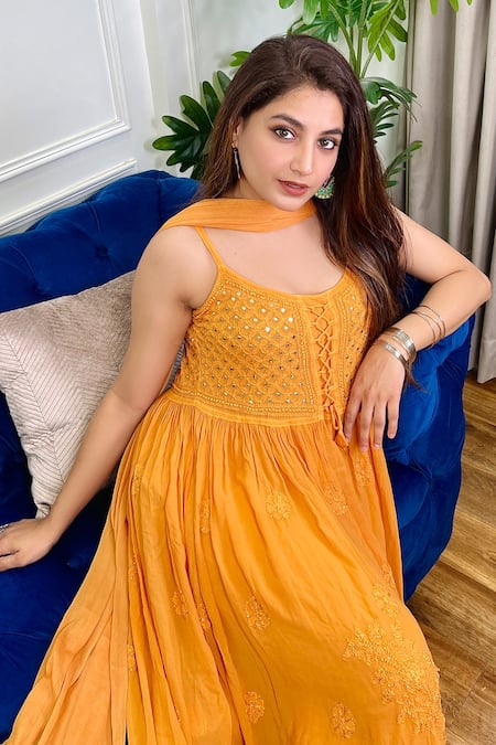 LABEL AISHWARYRIKA_Yellow Chiffon, Georgette Chikankari, Mukaish Scoop Neck Anarkali Set _Online_at_Aza_Fashions