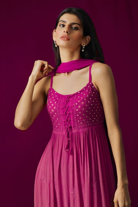 Buy LABEL AISHWARYRIKA Pink Chiffon, Georgette Chikankari, Mukaish Scoop Neck Anarkali Set Online at Aza Fashions Buy_LABEL AISHWARYRIKA_Pink Chiffon, Georgette Chikankari, Mukaish Scoop Neck Anarkali Set _Online_at_Aza_Fashions