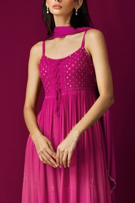 Shop LABEL AISHWARYRIKA Pink Chiffon, Georgette Chikankari, Mukaish Scoop Neck Anarkali Set Online at Aza Fashions Shop_LABEL AISHWARYRIKA_Pink Chiffon, Georgette Chikankari, Mukaish Scoop Neck Anarkali Set _Online_at_Aza_Fashions