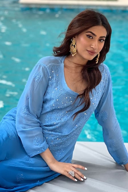 Buy LABEL AISHWARYRIKA Blue Georgette Chikankari, Mukaish Notched Kurta Pant Set Online at Aza Fashions Buy_LABEL AISHWARYRIKA_Blue Georgette Chikankari, Mukaish Notched Kurta Pant Set _Online_at_Aza_Fashions