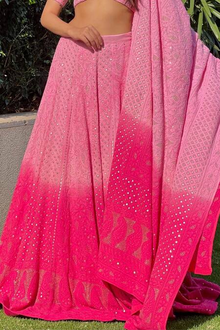 LABEL AISHWARYRIKA Pink Georgette Chikankari, Mukaish Sweetheart Neck Hand Embroidered Lehenga Set at Aza Fashions LABEL AISHWARYRIKA_Pink Georgette Chikankari, Mukaish Sweetheart Neck Hand Embroidered Lehenga Set _at_Aza_Fashions