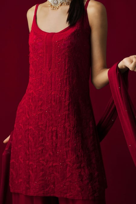 LABEL AISHWARYRIKA_Red Georgette, Pure Chiffon Mughal Scoop Neck Chikankari Kurta Palazzo Set _Online_at_Aza_Fashions