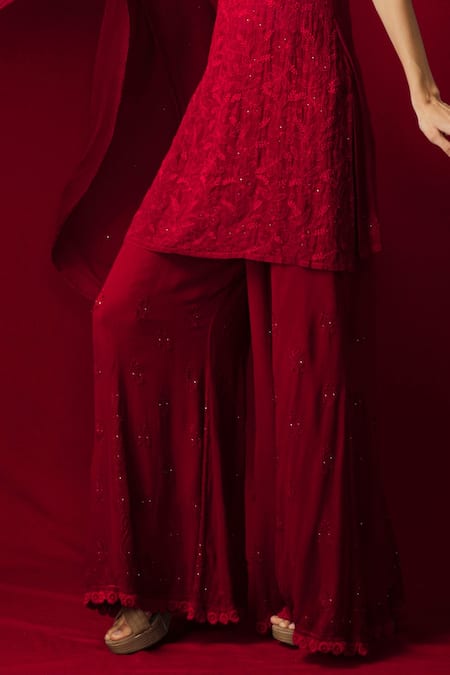 Buy_LABEL AISHWARYRIKA_Red Georgette, Pure Chiffon Mughal Scoop Neck Chikankari Kurta Palazzo Set _Online_at_Aza_Fashions