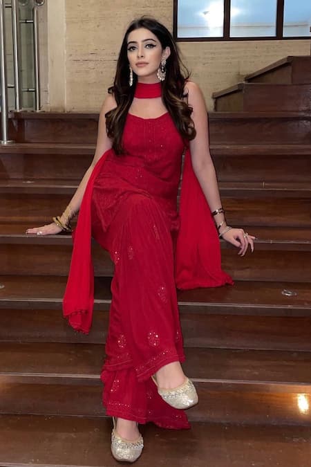 Buy_LABEL AISHWARYRIKA_Red Georgette, Pure Chiffon Mughal U Neck Chikankari Kurta Gharara Set _Online_at_Aza_Fashions